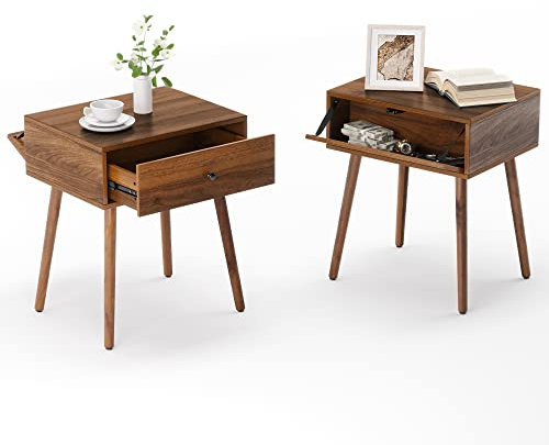 Mazefur Mesitas de noche de nogal con compartimento oculto, muebles ocultos, mesa auxiliar de cama de mediados de siglo con cajón, mesa auxiliar de almacenamiento oculta para dormitorio, sala de estar