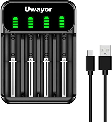 Uwayor 18650 21700 Chargeur de batterie LED universel 21700 4 compartiments pour 22670 22650 21700 20650 18650 18670 18350 17670 17670 17550 17360 Piles incluses