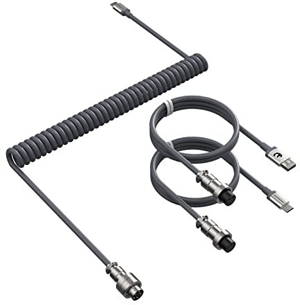ATTACK SHARK Custom C04 2 in 1 Coiled USB C Cable,USB-A to Type-C/Type-C to Type-C with 5 Pin Detachable Metal Aviation Plug,Double Sleeve Spiral Extendable TPU Cable for PC/Keyboard/Mouse/Phone-Grey