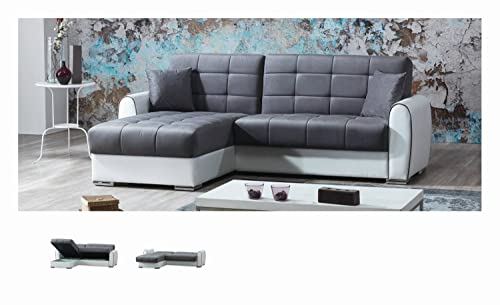 Dmora - Schlafsofa Jesus, Eck-Container-Schlafsofa aus Kunstleder und Stoff, Sofa mit Klick-Klack-Öffnung und umkehrbarer Halbinsel, 246x160h91 cm, Weiß und Grau