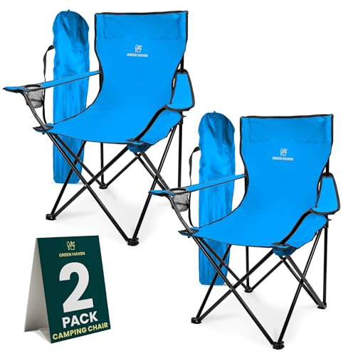 Green Haven Folding Camping Chair - Blue Lightweight Picnic Chair w/Cup Holder, 600D Polyester & Rip Stop, Heavy Duty Steel Frame Arm Portable Comfy for Outdoor Camping