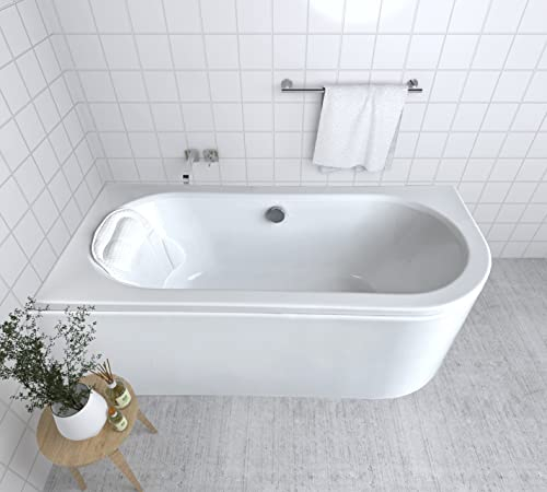 ECOLAM® Badewanne Wanne Eckwanne Eckbadewanne für Zwei Modern Design Acryl weiß Avita 150x75 cm LINKS + Kopfkissen Mare + Schürze Ablaufgarnitur Ab- und Überlauf Automatik Füße Komplett-Set