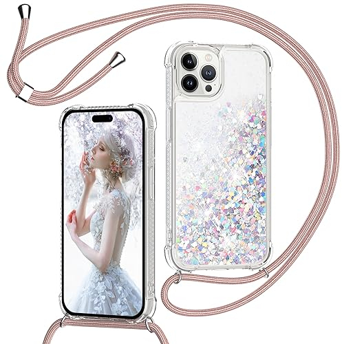 Handyband für iPhone 15 Pro Max 6,7'' Hülle mit Band, Glitzer Treibsand Handyhülle mit Kordel zum Umhängen Transparent Stoßfest Schutzhülle mit Kette Schnur, Quicksand Necklace Case in Roségold