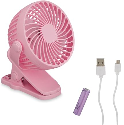 Relaxdays Niveles Ventilador Pequeño, 3 Velocidades, Basculante con Pinza, Silencioso, Oficina, Coche, USB, Rosa, 15 x 13 x 7 cm