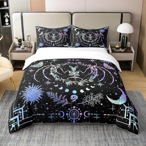 richhome 100% Baumwolle Neon Motte Bettbezug 135x200 für Jugendliche, Halloween Gothic Skull Mystery Sternenhimmel Tröstenbezug, Bohemian Sun Moon Stars Super Soft Bettwäsche Schlafzimmer