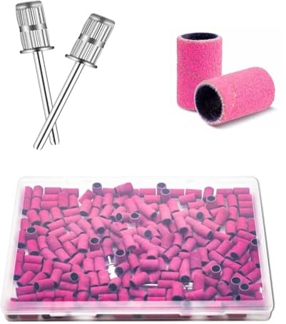 OMBRISA Sanding Bands for Nail Drill 100Pcs, 180# Grit Nail Sanding Band Pink, Nail drill Sanding Bands with 2 Pcs 3/32” Nail Drill Bits and Boxed for Beauty Salon Accessories Manicure and Pedicure