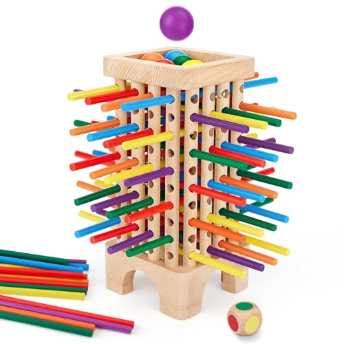 Montessori Game Wooden Board Game, 42 Colorful Wooden Sticks Dice Game Math Educational Toys for 3 4 5 6 Years Old, Fine Motor Skills Toys & Counting Toy Family Game Travel Toys Gifts for Kids