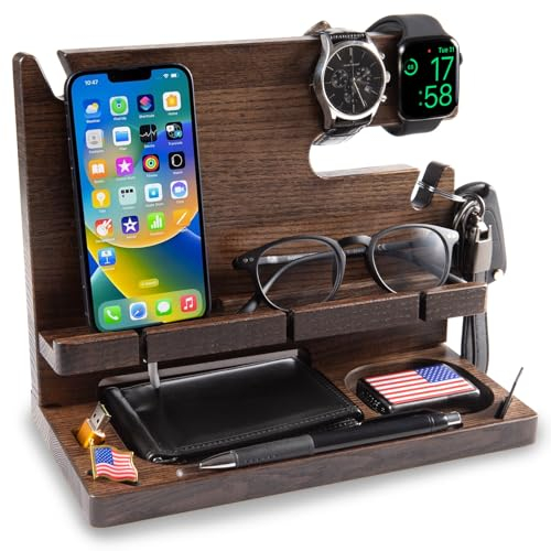 GRETAOTO Holz Dockingstation für Handy, Tablet, Geldbörse, Gadgets, Uhr, Schlüssel, Accessories, Ablage für Arbeitstisch, Schreibtisch Organizer, Nachttisch,Geschenke für Männer (Dunkelbraun)
