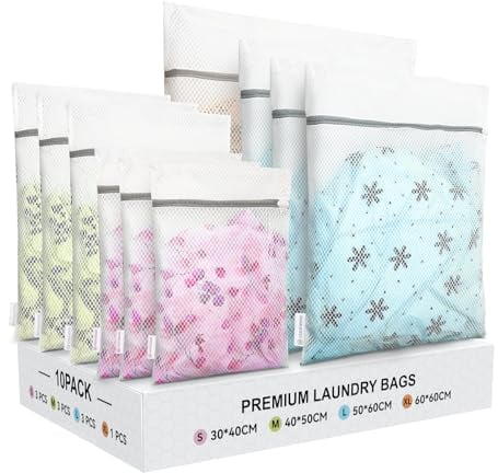 10 PCS Mesh Laundry Bags for Delicates with Zipper, Laundry Bags for Washing Machine, Travel Storage Bags, Wash Bags for Underwear, Tshirts, Jacket, Coat, Blanket, Quilt (3S+3M+3L+1XL, White)