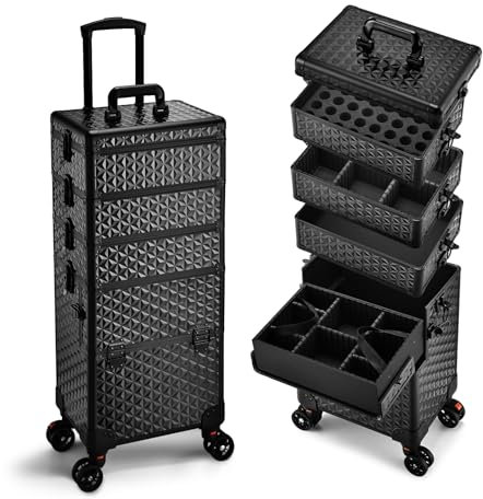 Beauty Trolley on Wheels 5 in 1 Vanity Case Makeup Trolley Box Makeup Case 5 Tiers Hairdressing Trolley On Wheels Salon Nail Polish Organiser Lockable, Diamond Black