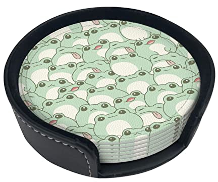 6 Stück Kawaii-Frosch-Nahtlose niedliche Lederuntersetzer für Getränke mit Halter, Untersetzer-Sets, Getränketisch-Tassenuntersetzer für Wohnzimmer, Küche, Kaffee-Dekor