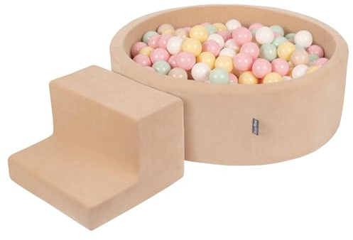 KiddyMoon Spielplatz Velvet Aus Schaumstoff Mit Rund Bällebad (200 Bälle) + Stüfchen Ballgruben Für Babys Spielbad, Sandbeige:Pastellbeige/Pastellgelb/Weiß/Minze/Puderrosa
