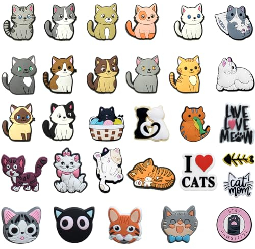 TIMVLETI Schuh Charms, 30 Stück Kätzchen Schuh Dekoration, Charms Niedlicher, Clog Sandalen Ornamente Cartoon Schuh Anstecker Dekoration DIY Schuhanhänger, Schuh Zubehör für DIY Dekorationen