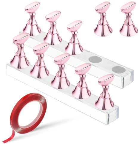 Qianyu Nail Art Stand Magnetic Acrylic Fake Nail Holder Press Nail Display Design False Nail Practice Stand Kit with Double Sided Tape DIY Salon Supplies for Nail Art Beginners