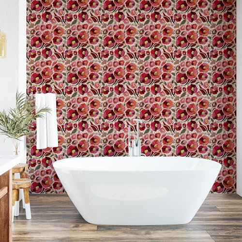 ABAKUHAUS Floral Papier peint autocollant pour la maison, Motif Art De Fleurs De Coquelicot, Accent de salon et de cuisine auto-adhésif, 33 cm x 180 cm, Marron pâle Rose séchée
