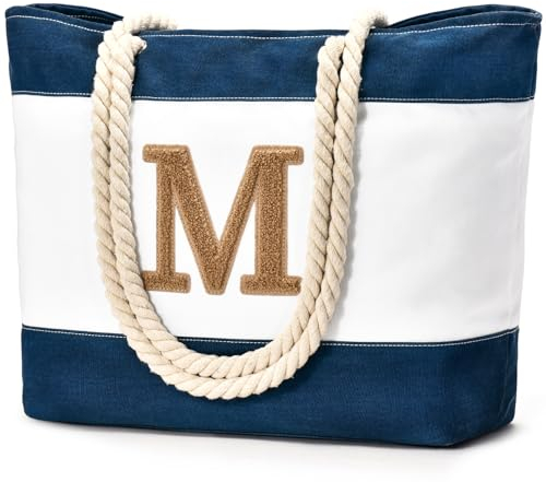 oscaurt Strandtasche Initiale Tote Bag Damen Shopper Tasche Personalisierte Weekender Groß Beach Bag Faltbare Schwimmtasche Badetasche Stoffbeutel