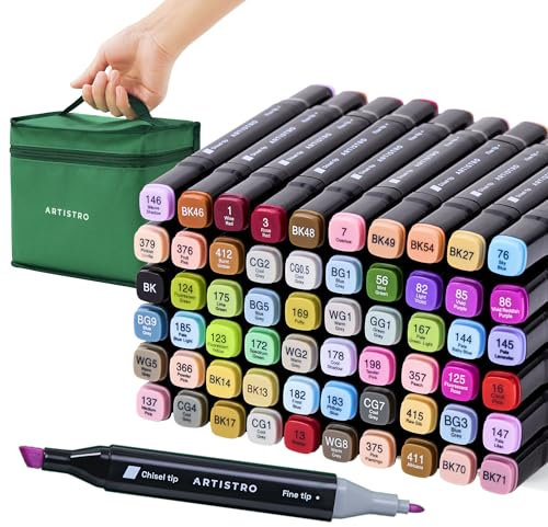 ARTISTRO 60 Dual-Tip Alcohol Markers - Alcohol-Based Pens Set, Chisel + Fine Tip, Quick Dry, Carrying Case Included