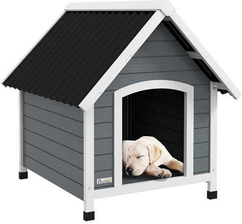 PawHut Wooden Dog House Outdoor, Dog Kennel with Removable Floor, Elevated Pet Shelter, Anti-Corrosion Wood, for Small Medium Dogs, 82H x 75W x 88Dcm - Grey
