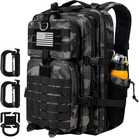 Hannibal Tactical MOLLE-Sturmrucksack, taktischer Militär-Rucksack, für Armee, Camping, mit Flaschenhalter, 45 L/28 L, Schwarz Camouflage, 45L