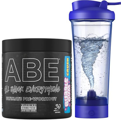 Applied Nutrition Bundle ABE Pre Workout 375g + Electric Shaker | All Black Everything Pre Workout Powder, Energy Drink, Physical Performance, Creatine, Beta Alanine, Caffeine (Bubblegum Crush)