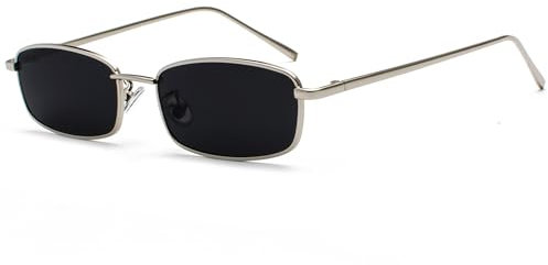 JCTAIFOO Retro Rechteck Sonnenbrille für Frauen Männer Quadratische Schmale Hip Hop Kleine Rahmen Sonnenbrille Silber/Dunkelgrau