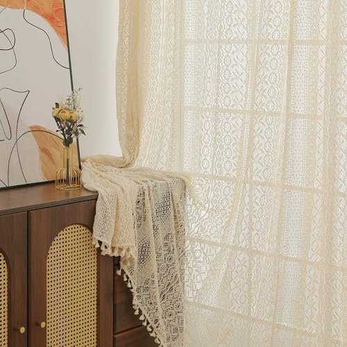 RUIXUAN 150 * 230cm Boho Vorhänge Shabby Chic Stricken Vorhänge Blickdicht Stickerei Quaste 2er Set Beige Vorhang Vintage Gardienen für Wohnzimmer Schlafzimmer Curtains