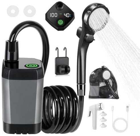 Ducha portátil de camping, bomba de ducha eléctrica recargable de 6000 mAh con digital inteligente, bomba de ducha impermeable con bolso, cabezal de ducha filtrado para campamento, senderismo, lavado