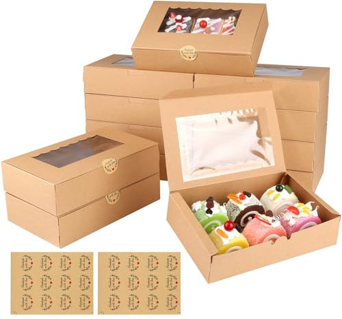 RISF 20 Pcs Kraft Cookie Boxes, 21.5 * 13.5 * 5cm Sweet Boxes Empty, Cupcake Boxes with Clear Window, Brown Bakery Boxes, Treat Boxes with Stickers for Cakes, Muffins, Candy