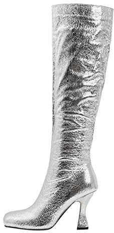 Stivali sopra il ginocchio, da donna, con gambo largo, tacco a spillo, stivali alti con tacco alto, stivali alti con brillantini, in pelle PU, scarpe da sera, argento, 40 EU