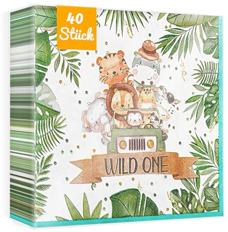 WenmthG 40 Stück Dschungel Servietten Kindergeburtstag Deko 33 x 33 cm - 40 Wild one Servietten Geburtstag weich Kein abfärben für Junge Mädchen