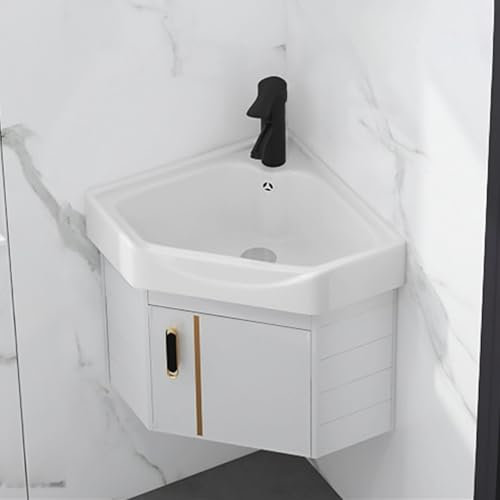 HOLGVE Lavabo d'angle, Lavabos de Salle de Bain en Céramique, Lavabo de Salle de Bain Mural, Meuble-lavabo de Salle de Bain d'angle, Lavabo de Salle de Bain avec Récipient de Rangement, Meuble-lavabo