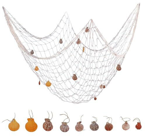 Fischernetz Deko mit Muscheln, 100x200cm Deko Netz zum Aufhängen, Fishing Net Hintergrund Wand Deko, Meerjungfrau Netz, Maritime Deko für Strandpartys