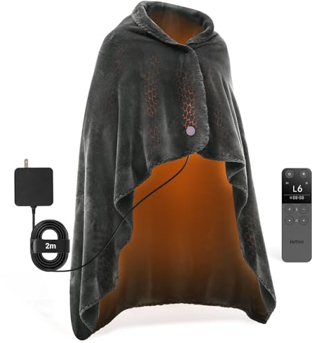 Jartoo Nano Heated Blanket Electric Throw, Portable Washable Heated Shawl Wraps - 24V Safe & Eco, 30s All-Area Rapid Heat, Cordless Remote with 6 Heating Levels & 5 Time Settings (125x150cm, Grey)