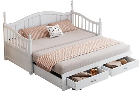 Azkoeesy Schlafsofa mit 2 Schubladen, Ausziehbares 190 x 90 bis 180 cm, Tagesbett mit Lattenrost, für 2 Personen, Kiefernholz und Nussbaum (weiß)
