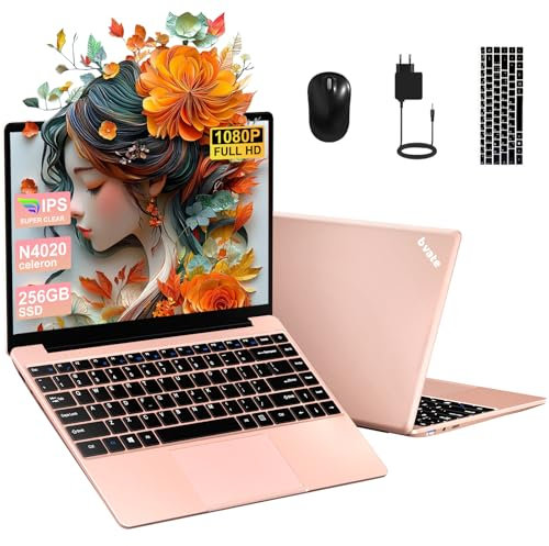 bvate PC Portatile 14 pollici Notebook Win 11 upto 2.8 GHz 256 GB ROM Supporta l'espansione SSD 1TB Celeron N4020 2.4G+5G WiFi 4.2 USB HDMI Tastiera italiana membrana mouse senza fili-Oro
