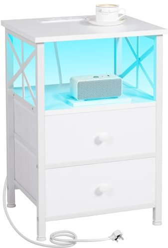 AMHANCIBLE Bedside Table, Side Table with Charging Station and Led Lights, Bedside Cabinet with 2 Fabric Storage Drawers, End Table, Sofa Side Table, Nightstand for Living Room, Bedroom White