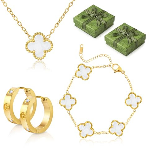 18K Vergoldet Vierblättriges Kleeblatt Armband, 18K Vergoldet Vierblättriges Kleeblatt Anhänger Halskette, Ohrringe Gold Cubic Zirkonia Ohrstecker, 3 Stück Schmuck Set für Geschenke Geburtstags