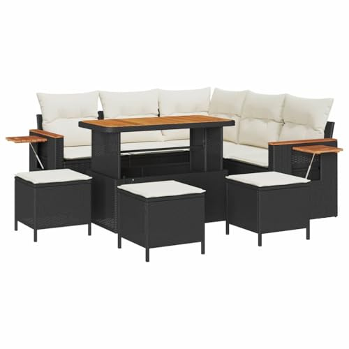 vidaXL 9-teiliges Garten-Sofa-Set mit Kissen in Schwarz aus Poly Rattan und Akazie – Bequeme Sitzgelegenheit für 5 Personen, modernes Outdoor-Möbel für Terrasse und Patio, modulare Lounge.