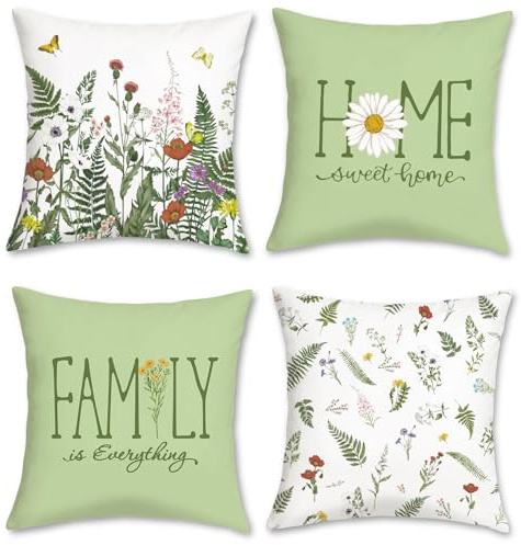 COZZSNUGE Spring Floral Cushion Covers Green Wildflower Leaves Plant Butterfly Velvety Decorative Pillowcases for Sofa Bed Home Patio Outdoor 45 x 45 cm Set of 4