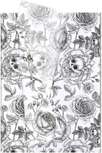 Hjvvr Halloween-Seidenpapier, schwarz-weiß, Totenkopf-Rose, Geschenkpapier, 20 Blatt Seidenpapier für Geschenktüten, Halloween-Partys