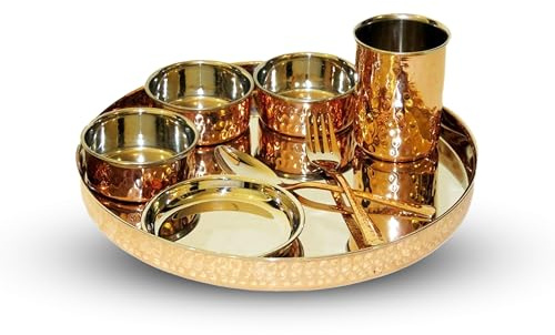 AWSE Traditional Copper Cookware Set, 8 Piece Include Plate with Bowls, Spoons, Fork, Glass, Round Shape, Hammered Design