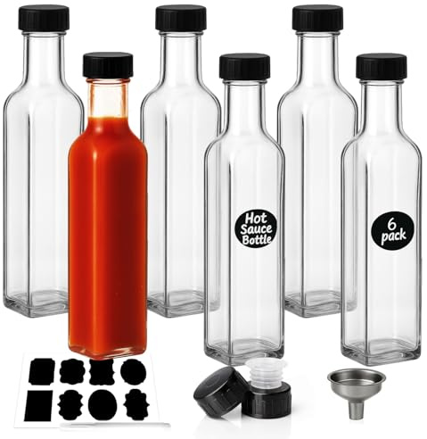 WERTIOO 250ml/8.5oz Glass Hot Sauce Bottle, 6 pcs Square Condiment Bottles with Leak Proof Screw Caps&Funnel,Small Glass Bottles for Hot Sauces,Oil,Liquor,Home Brewing Wine,Salad Dressings