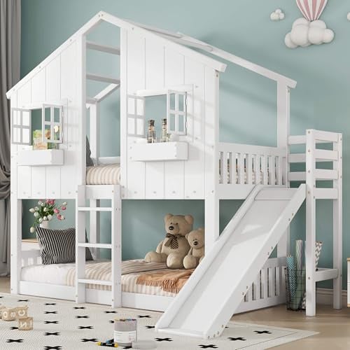 YCYDHDM Etagenbett Kinderbett 90x200 cm mit Rutsche und Fallschutzgitter, Hochbett Holzbett mit Dach und Lattenrost, Sicherheitszaun-Design, Bett für Kinder und Jugendliche, Weiß