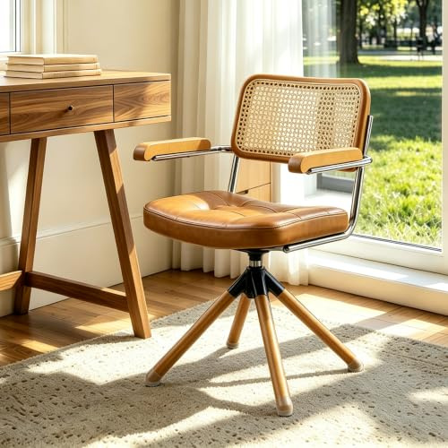 Zouron Rattan Desk Chair, Mid Century Modern Swivel Chair No Wheels, Faux Leather Upholstered Office Chair with Wood Legs, Accent Armchair for Home Office Living Room Bedroom, Brownchair