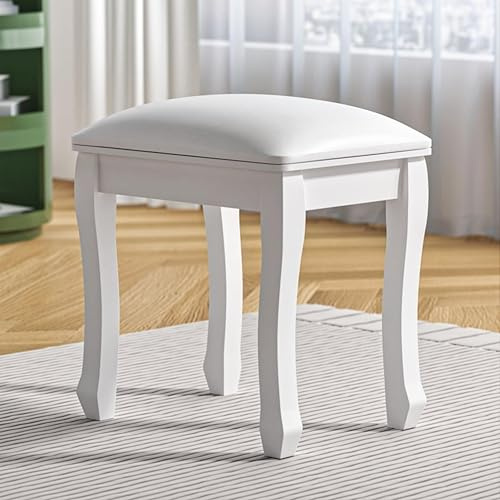 OLDTREE White vanity stool, 18 inches tall, modern style, with a soft cushion and curved solid wood legs; sturdy and durable, suitable for use as a vanity stool, footstool, or piano bench