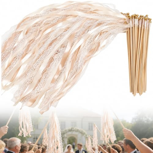 50 Pezzi Bacchette Matrimonio, Bacchette per Matrimonio con Grandi Campanelle e Nastri | Bacchettes Bianche per Nozze in Seta per Matrimoni, Compleanni e Festività (Oro 30pcs)