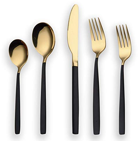Berglander 20 Piece Titanium Black And Golden Plated Stainless Steel Flatware Set, Handle With Mouth Silverware Set And Cutlery Set Service for 4 (Shiny Black,Shiny Golden)