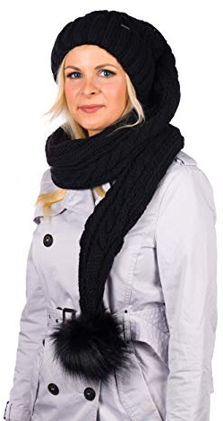 Birendy XXL Beanie AA Mütze, Zipfelmütze inklusive Schal, Pudelmütze, Wintermütze mit großer Fellbommel aus Fellimitat. Extra Lang mit weichem Fleece abgefüttert (Schwarz)