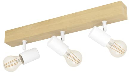 EGLO Deckenlampe Townshend 3, 3 flammiger Vintage Deckenspot im Industrial Design, Retro Lampe aus Stahl und Holz, weiß, braun, E27 Fassung