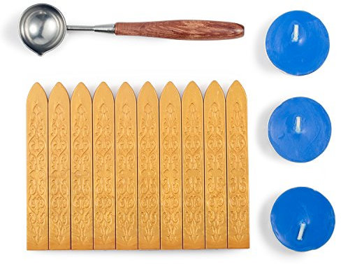 Mceal Siegellack-Set mit nicht-dochtigem Magic Arrow-Siegellack, Retro-Rosenholzgriff, Wachssiegel-Löffel und Kerzen, 14 Stück (Goldgelb)